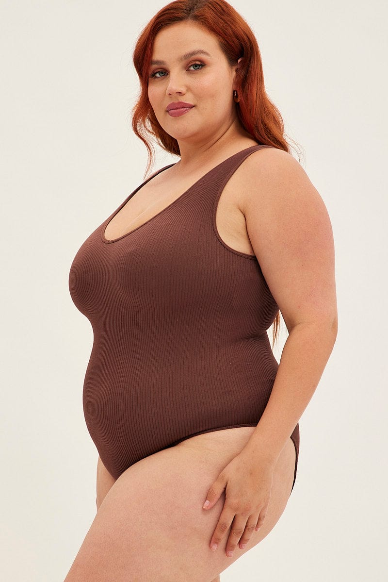 Brown Bodysuit Sleeveless V neck Seamless for YouandAll Fashion