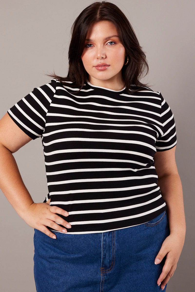 Black Stripe T Shirt Short Sleeve Crew Neck for YouandAll Fashion