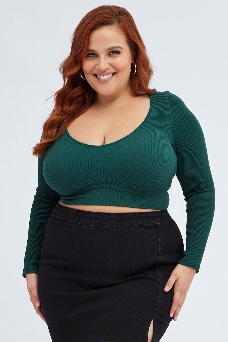 Green Top Long sleeve V neck Seamless for YouandAll Fashion