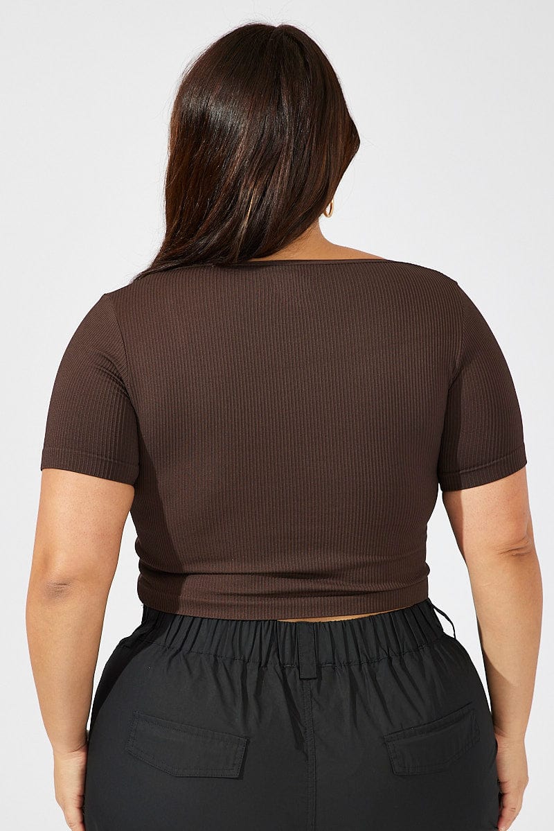 Brown T Shirt Short Sleeve Scoop Neck Seamless for YouandAll Fashion