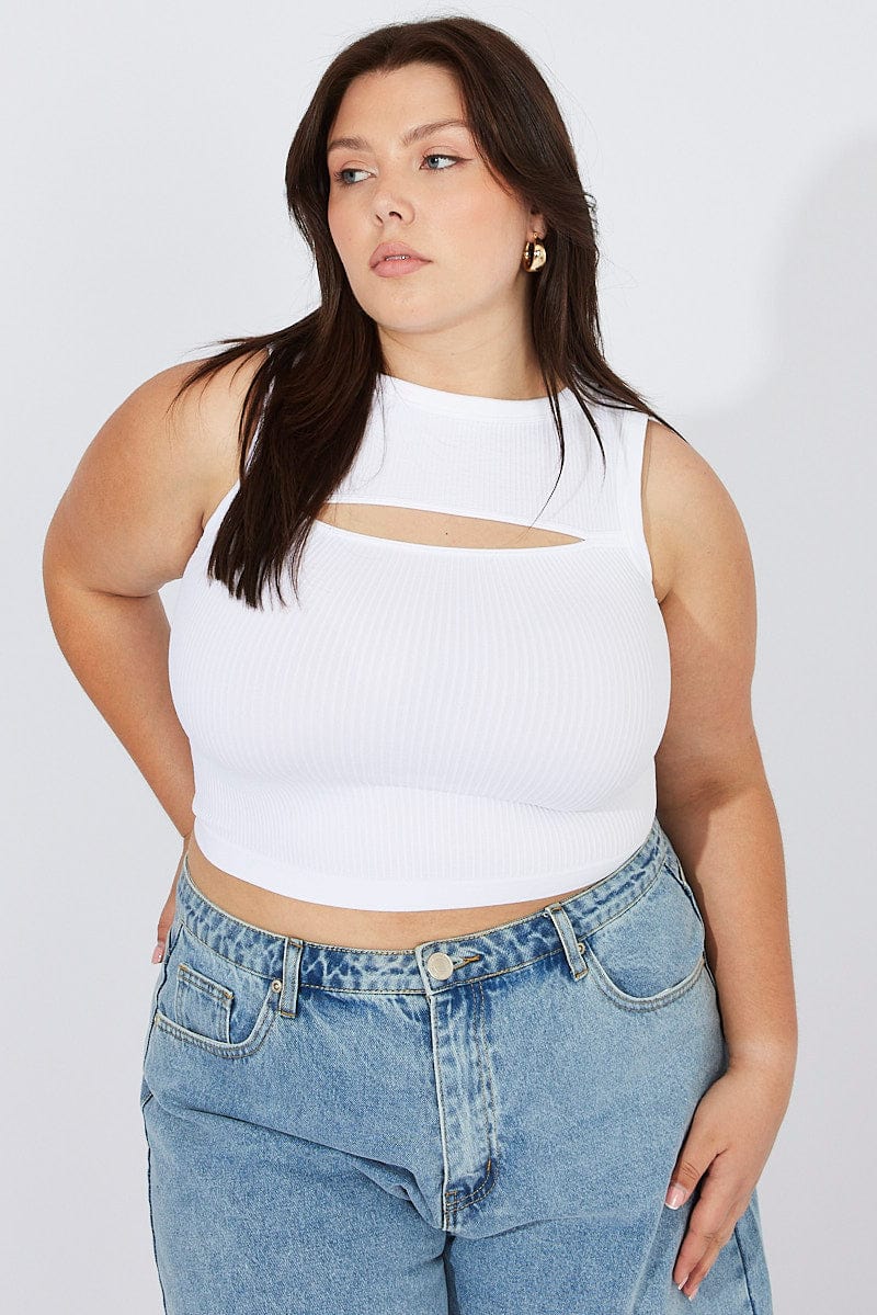 White Cut Out Tank Top Crew Neck Seamless for YouandAll Fashion