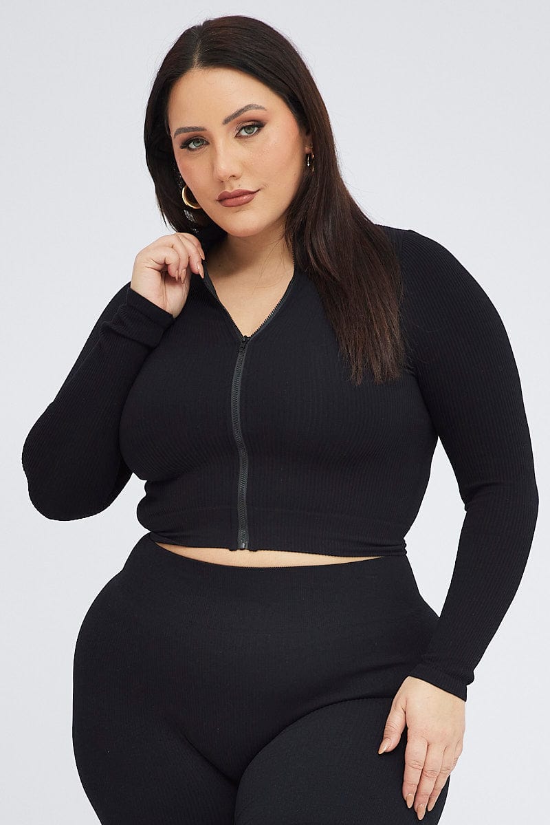 Black Zip up Top Long sleeve Seamless for YouandAll Fashion