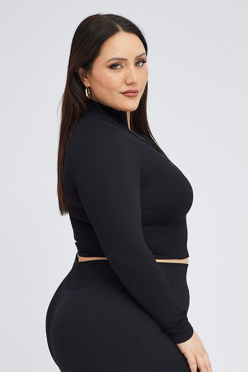 Black Zip up Top Long sleeve Seamless for YouandAll Fashion