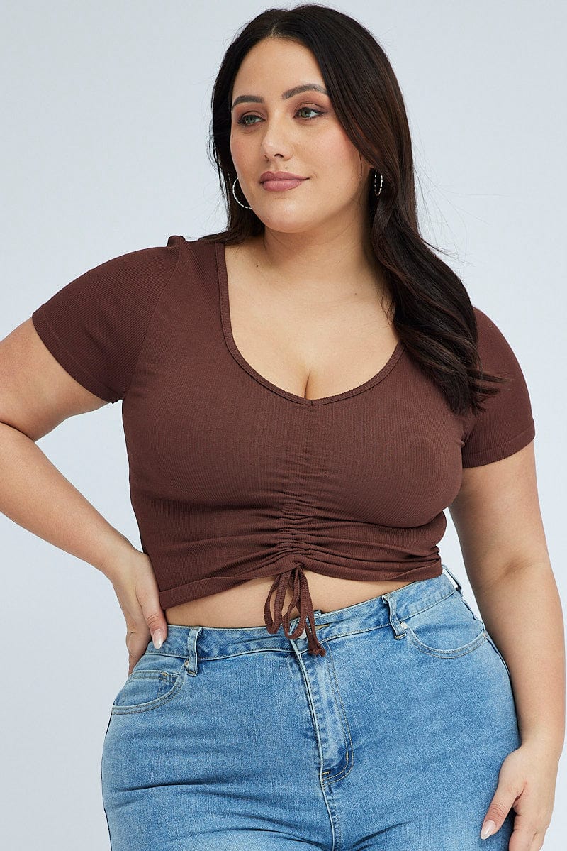 Brown Ruched Top Short Sleeve V Neck Seamless for YouandAll Fashion