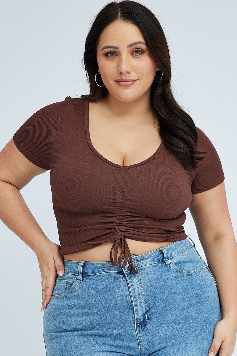 Brown Ruched Top Short Sleeve V Neck Seamless for YouandAll Fashion
