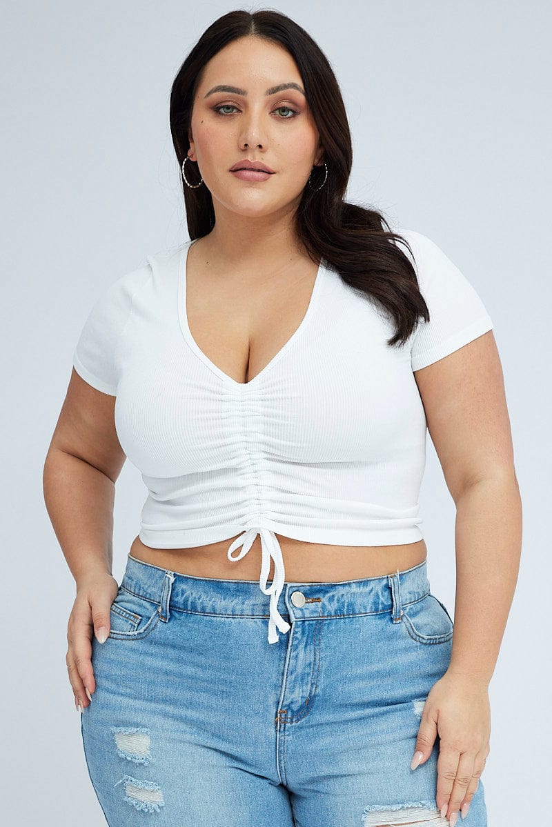 White Ruched Top Short Sleeve V Neck Seamless for YouandAll Fashion