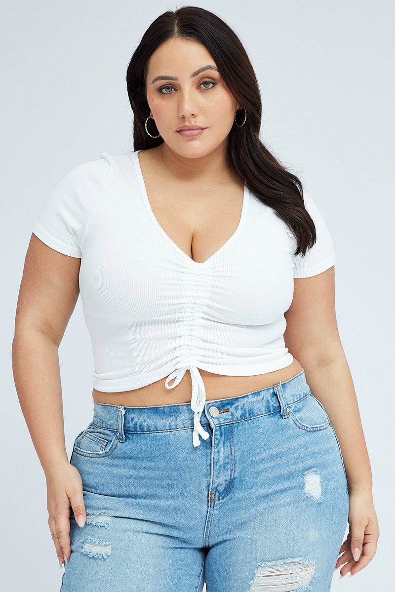 White Ruched Top Short Sleeve V Neck Seamless for YouandAll Fashion