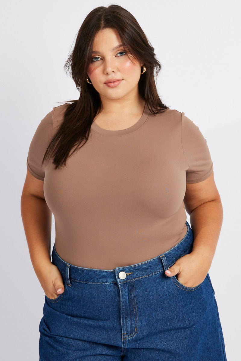 Brown Bodysuit Short Sleeve Crew Neck Supersoft for YouandAll Fashion