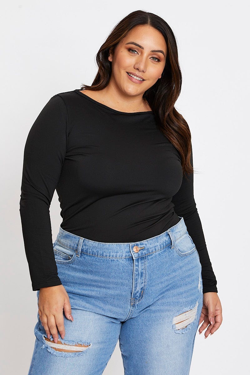 Black Long Sleeve Fleece Basic Top For Women By You And All