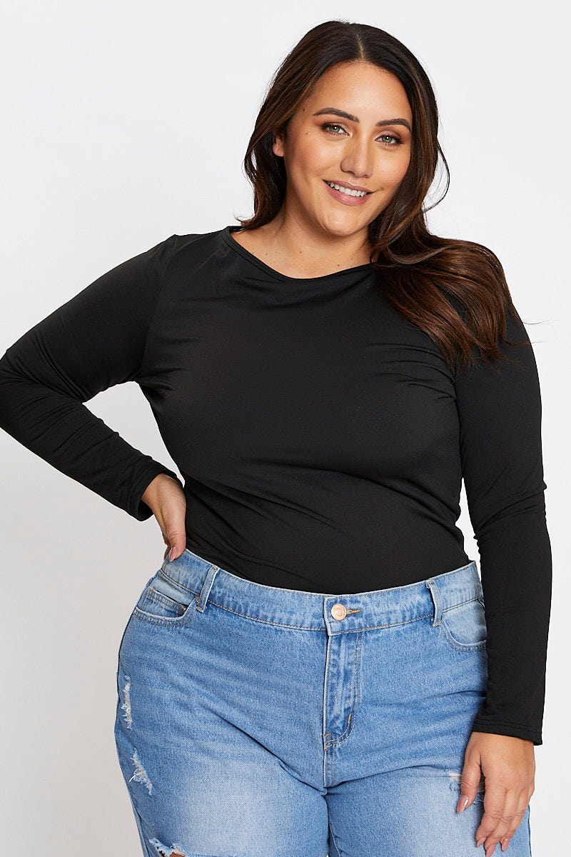 Black Long Sleeve Fleece Basic Top For Women By You And All
