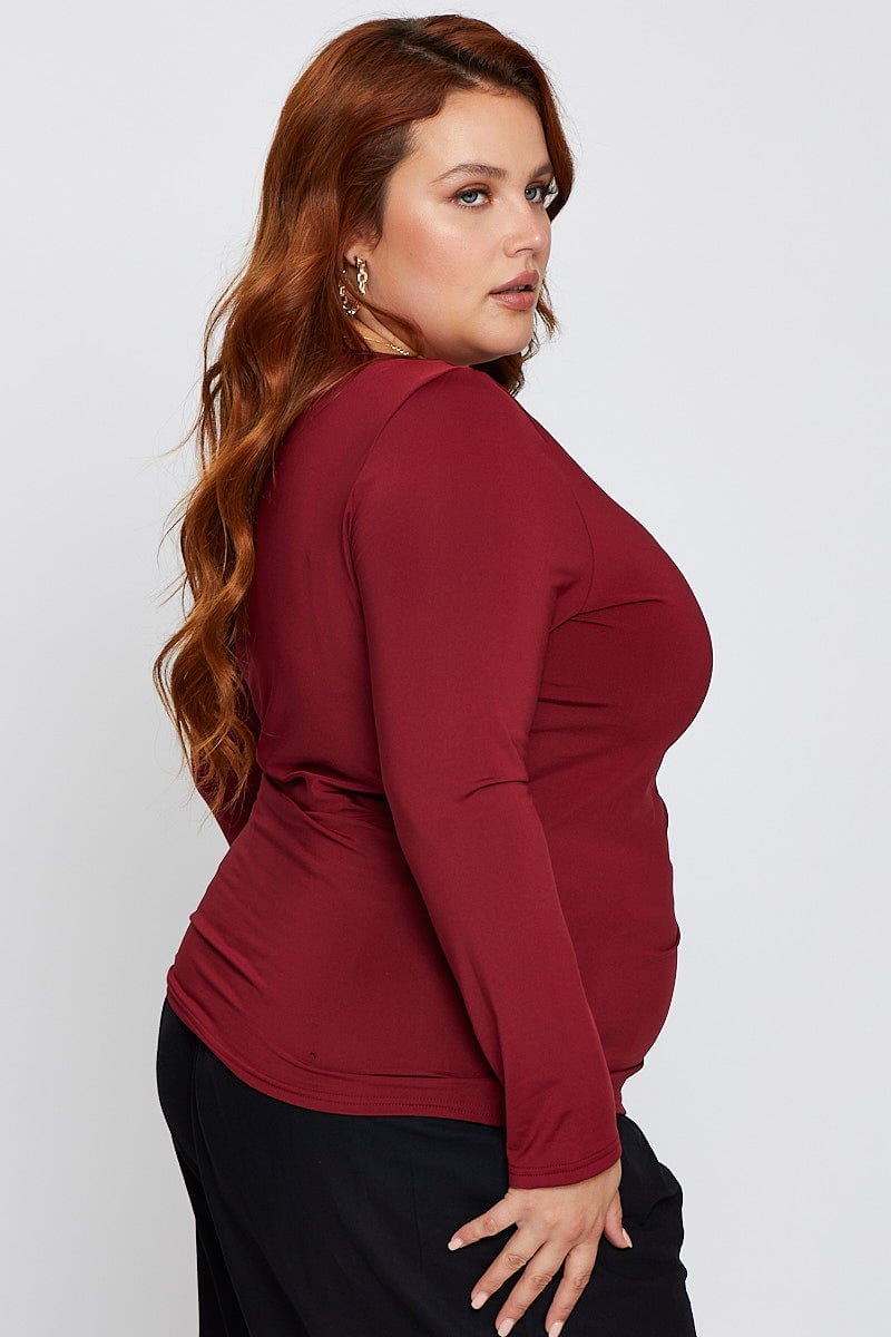Red Long Sleeve Fleece Basic Top For Women By You And All