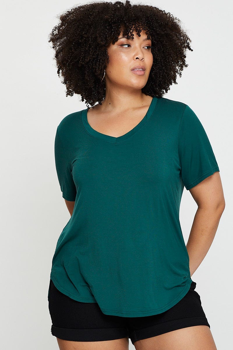 Green Longline T-Shirt V-Neck Short Sleeve Jersey For Women By You And All
