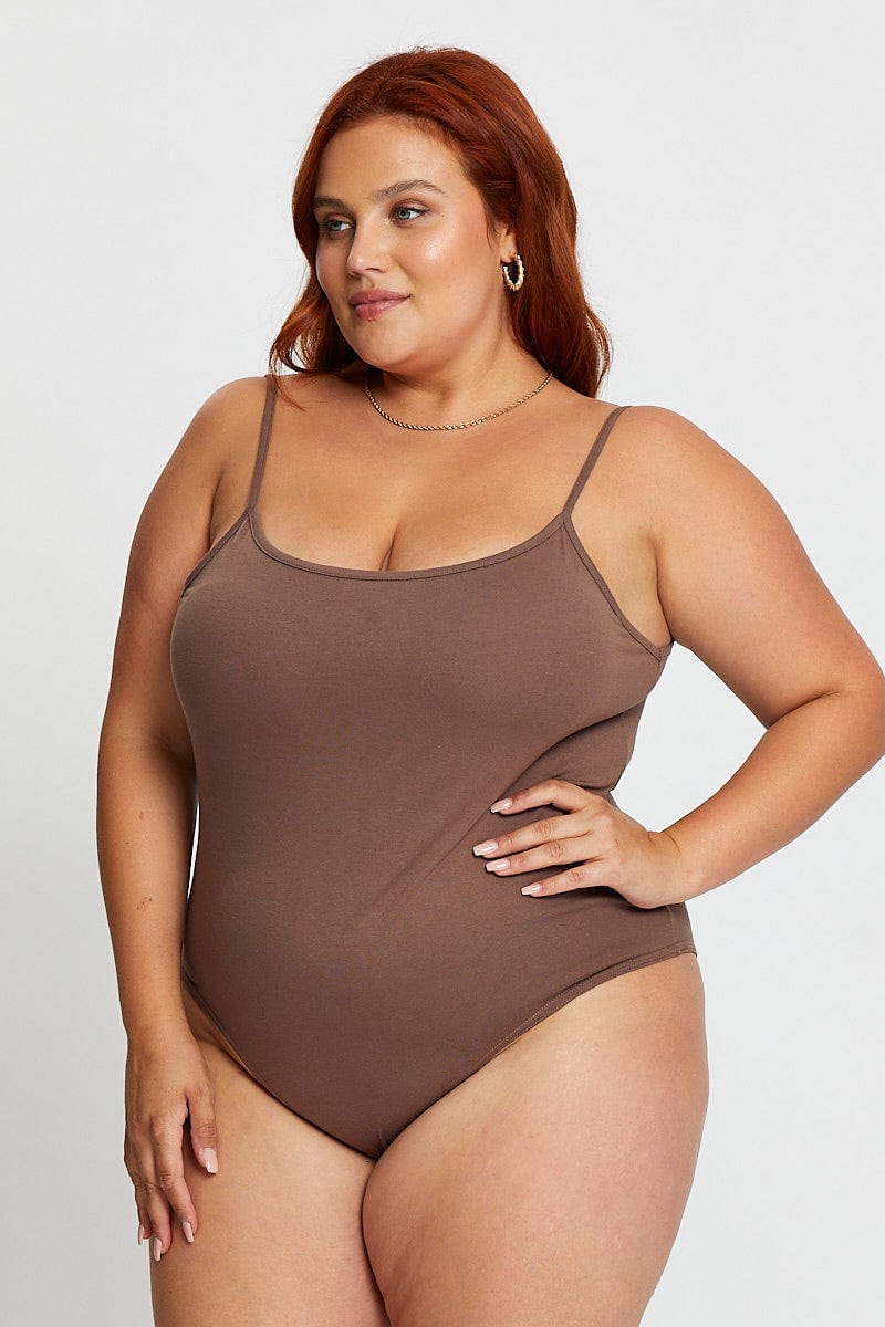 Brown Jersey Bodysuit Round Neck For Women By You And All