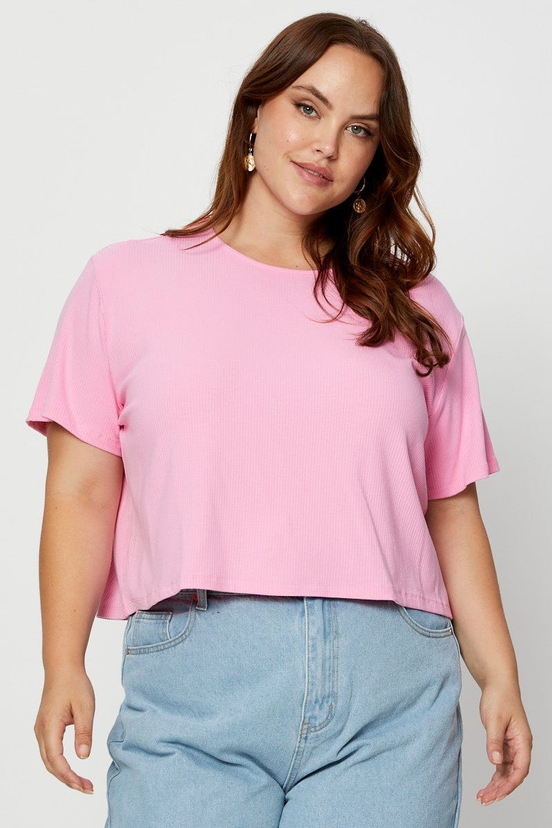 Pink Crop T-Shirt Crew Neck Short Sleeve Semi For Women By You And All