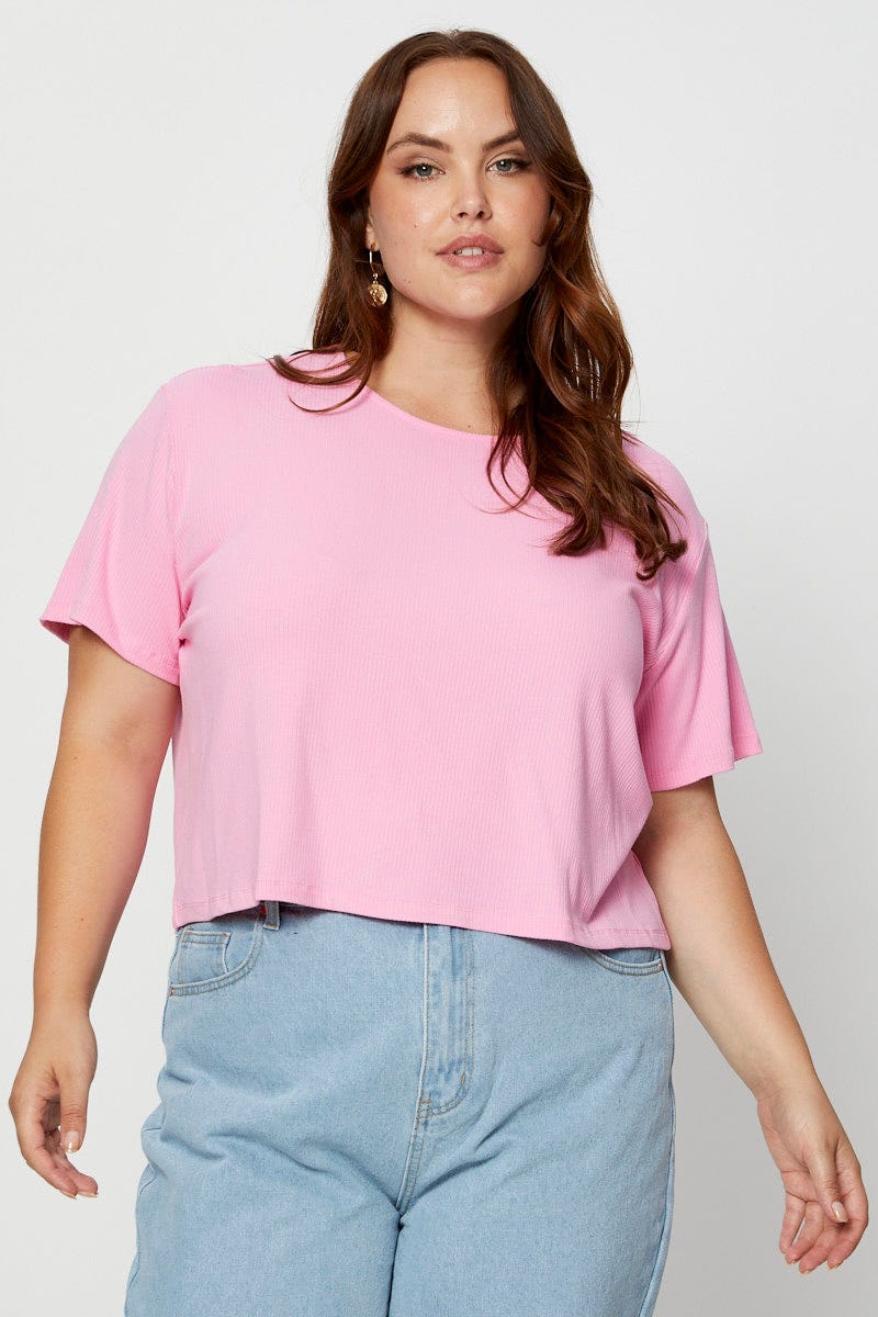 Pink Crop T-Shirt Crew Neck Short Sleeve Semi For Women By You And All