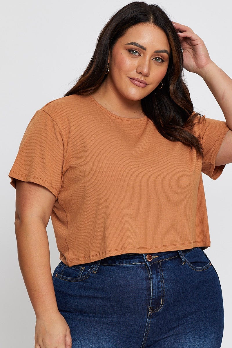 Camel Crop T-Shirt Crew Neck Short Sleeve Semi For Women By You And All