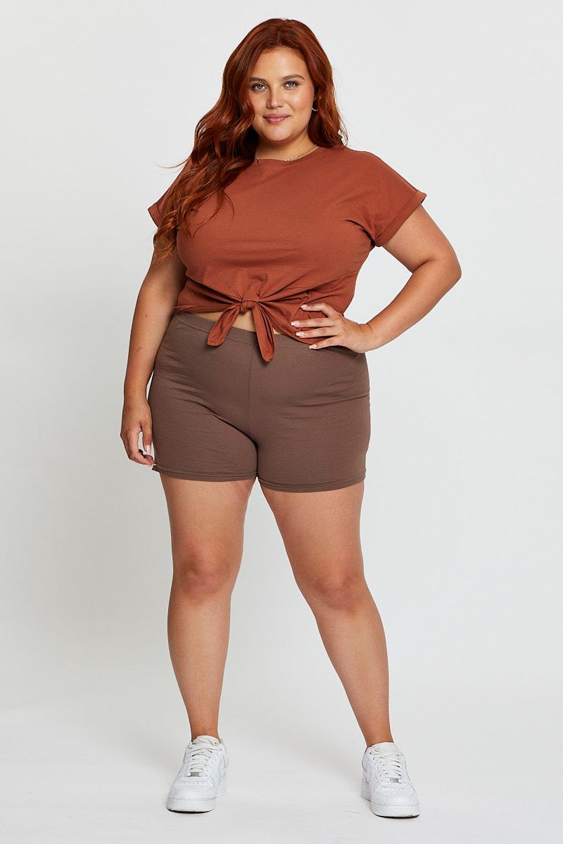 Rust Crop T-Shirt Crew Neck Short Sleeve Knot Semi For Women By You And All