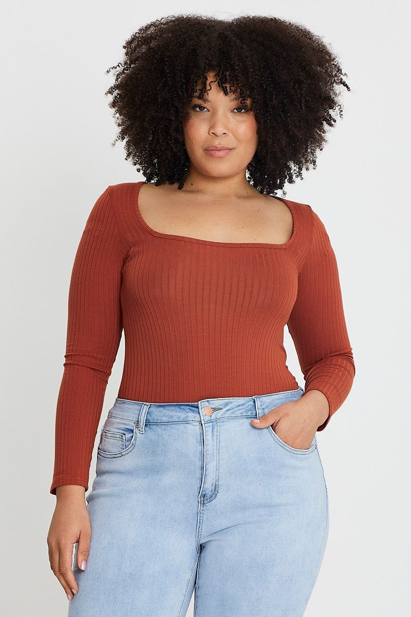 Camel Long Sleeve Rib Square Neck Top For Women By You And All