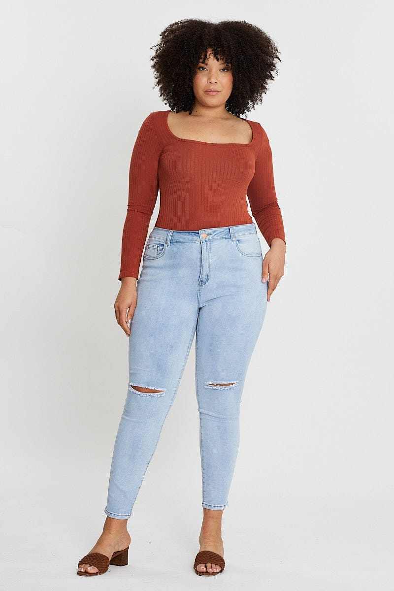 Camel Long Sleeve Rib Square Neck Top For Women By You And All