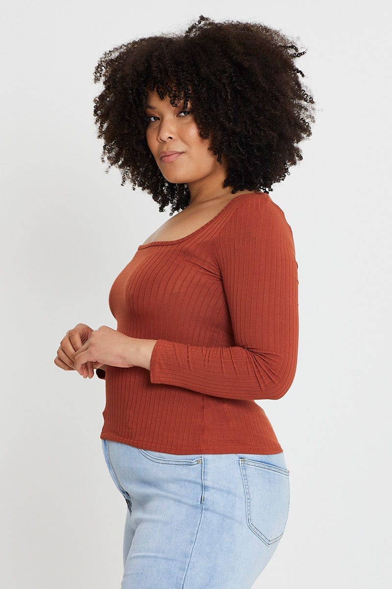 Camel Long Sleeve Rib Square Neck Top For Women By You And All