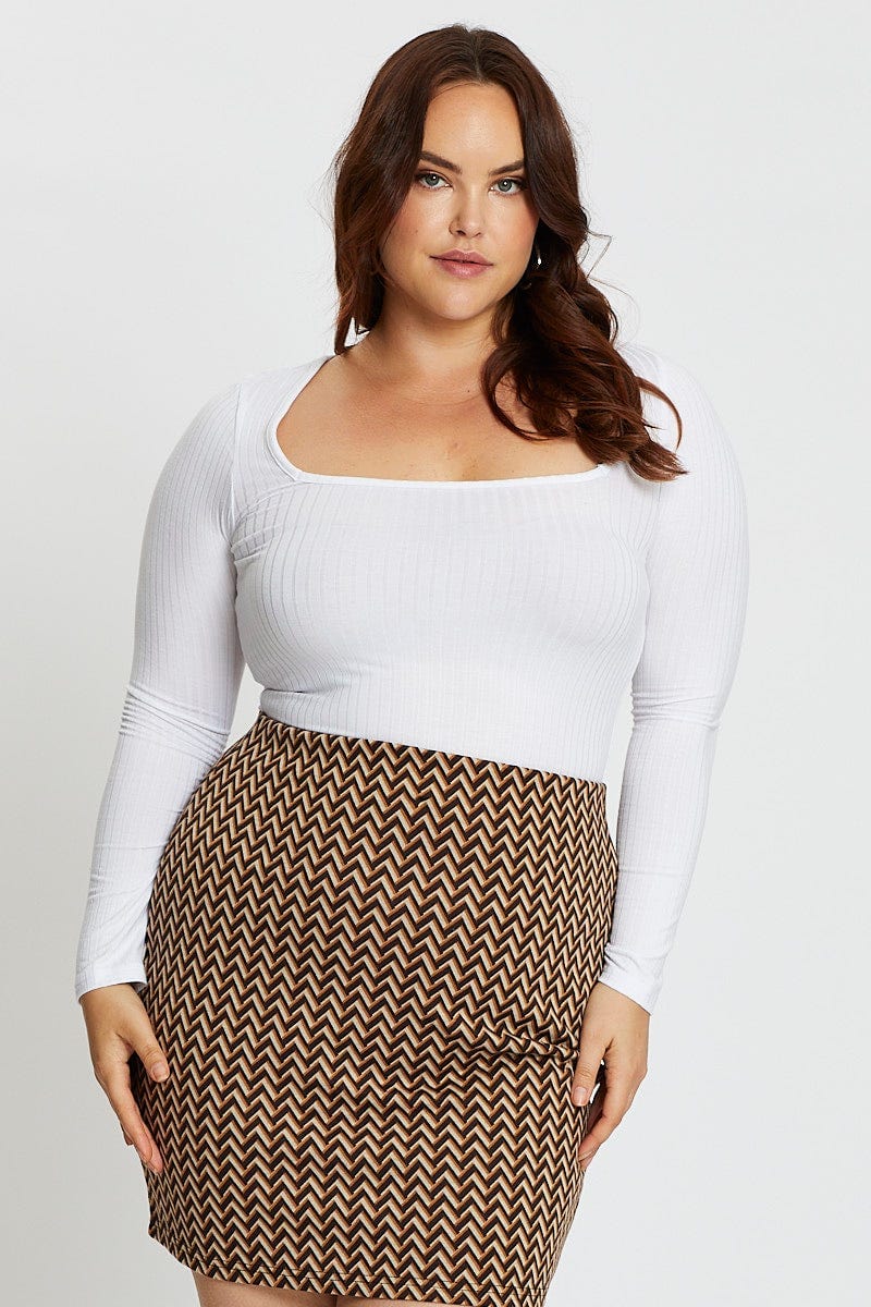 White Long Sleeve Rib Square Neck Top For Women By You And All