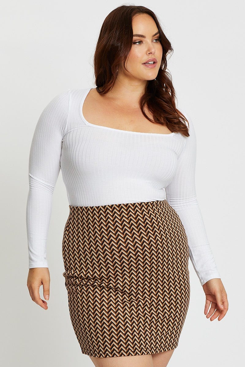 White Long Sleeve Rib Square Neck Top For Women By You And All