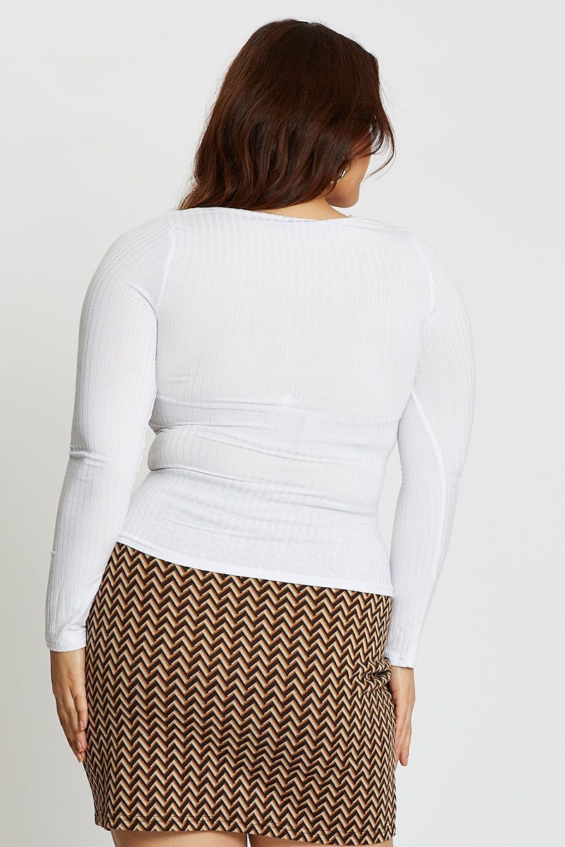 White Long Sleeve Rib Square Neck Top For Women By You And All
