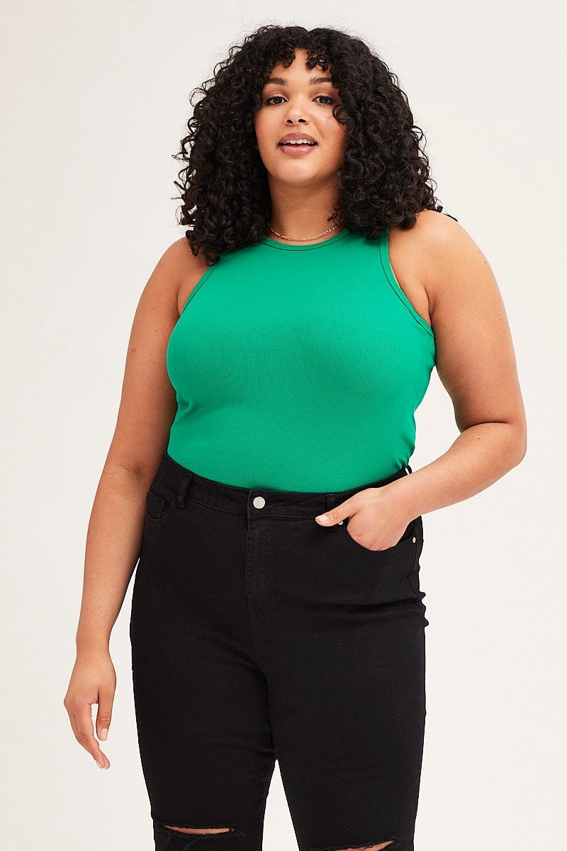 Plus Size Green Crew Neck Rib Tank Top |You + All | Shop Online | You & All