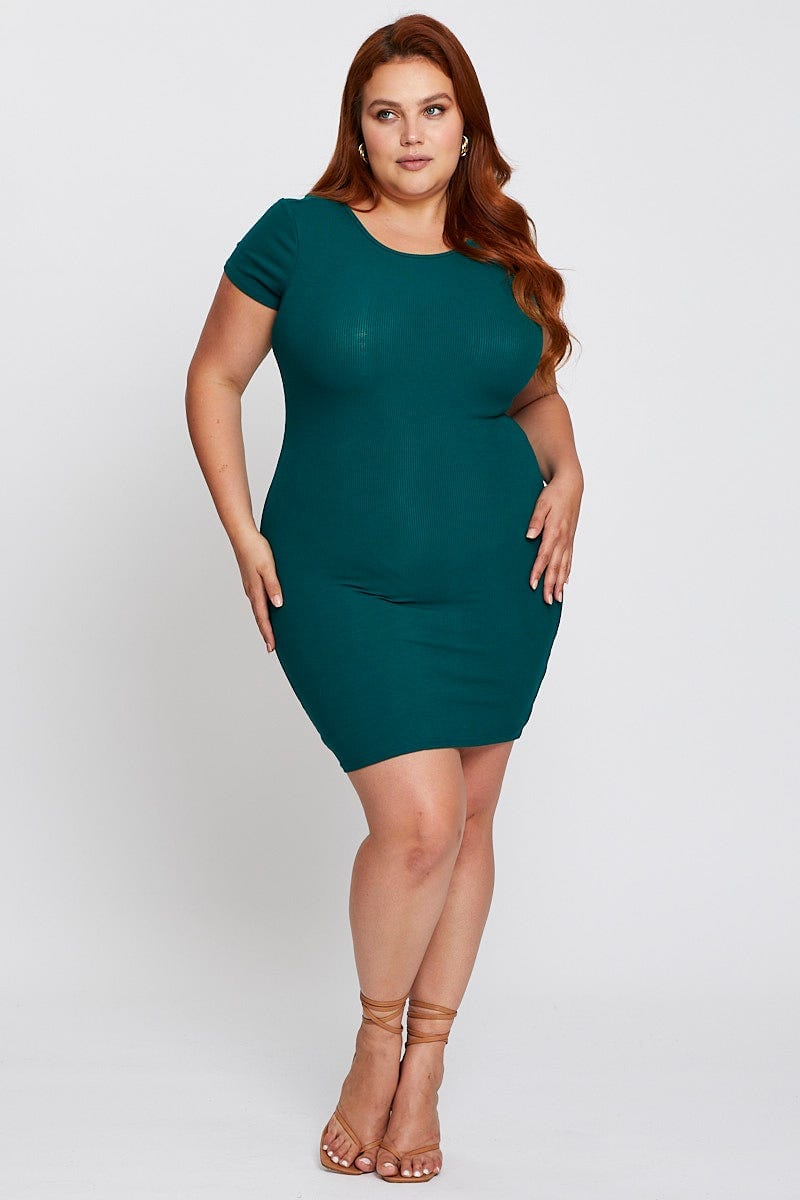 Green Short Sleeve Green Rib Basic Dress For Women By You And All