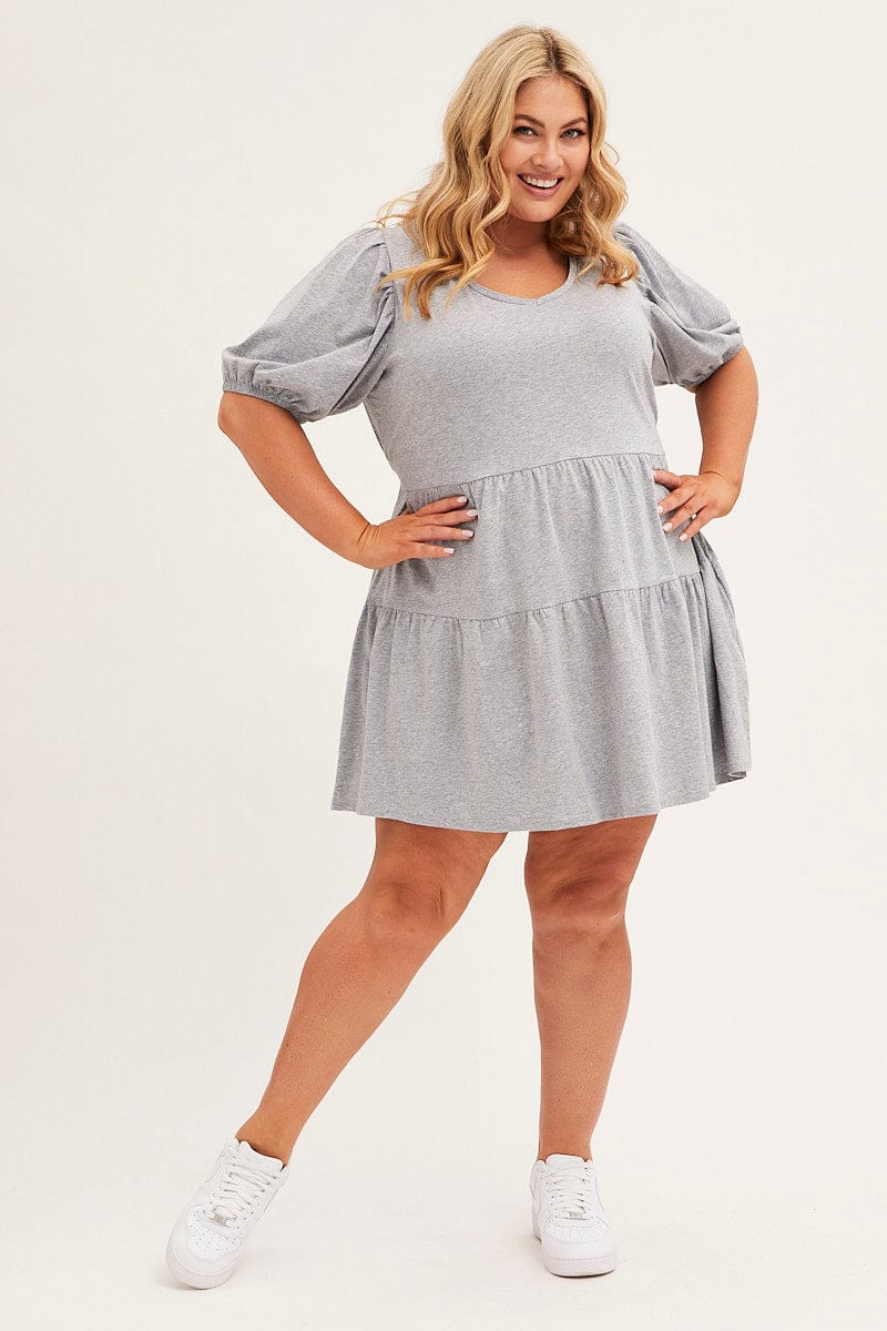 GREY Tiered Dress Puff Sleeve Round Neck