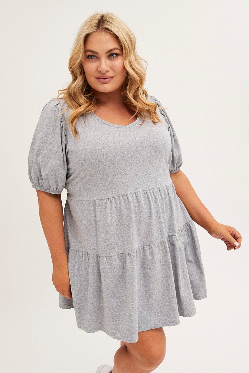 GREY Tiered Dress Puff Sleeve Round Neck