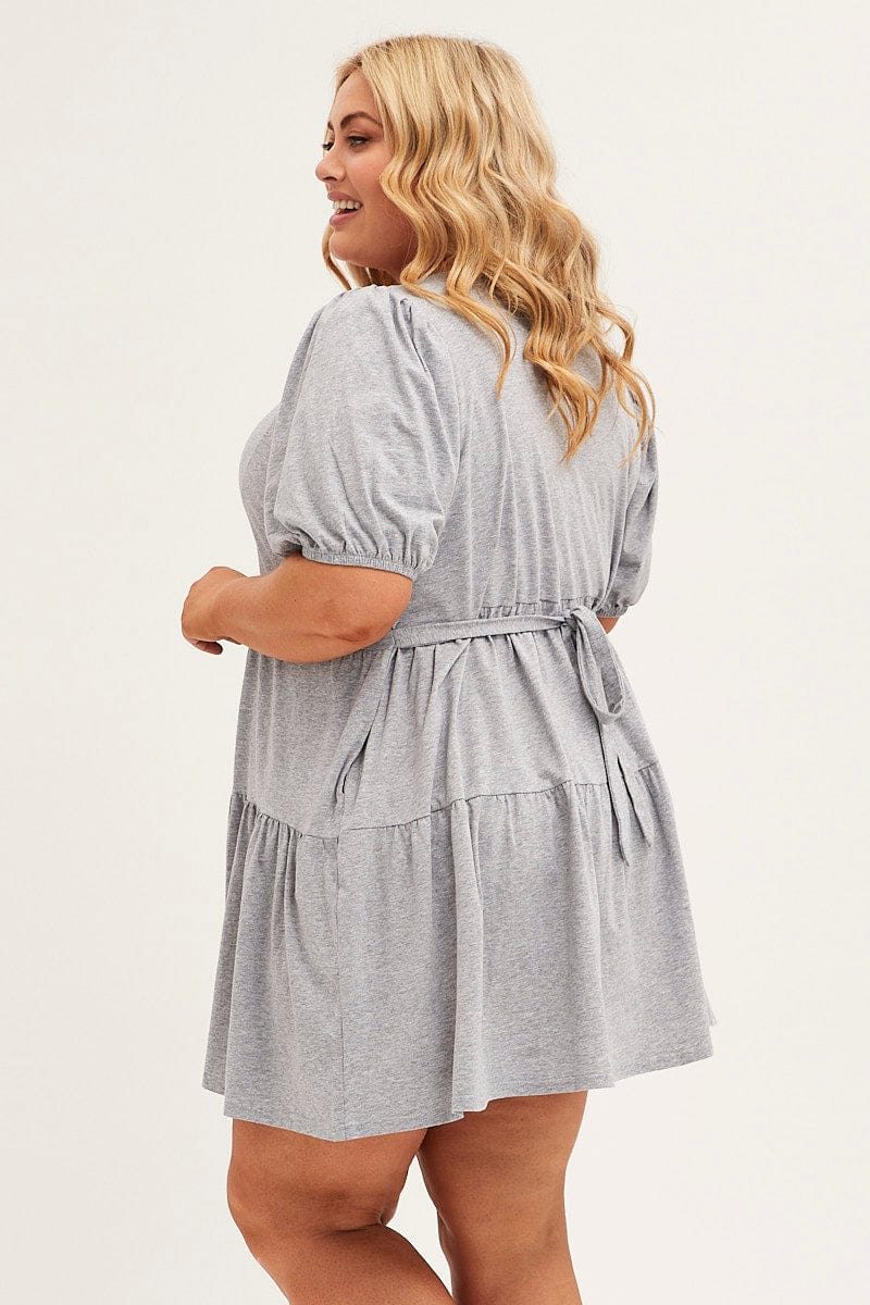 GREY Tiered Dress Puff Sleeve Round Neck