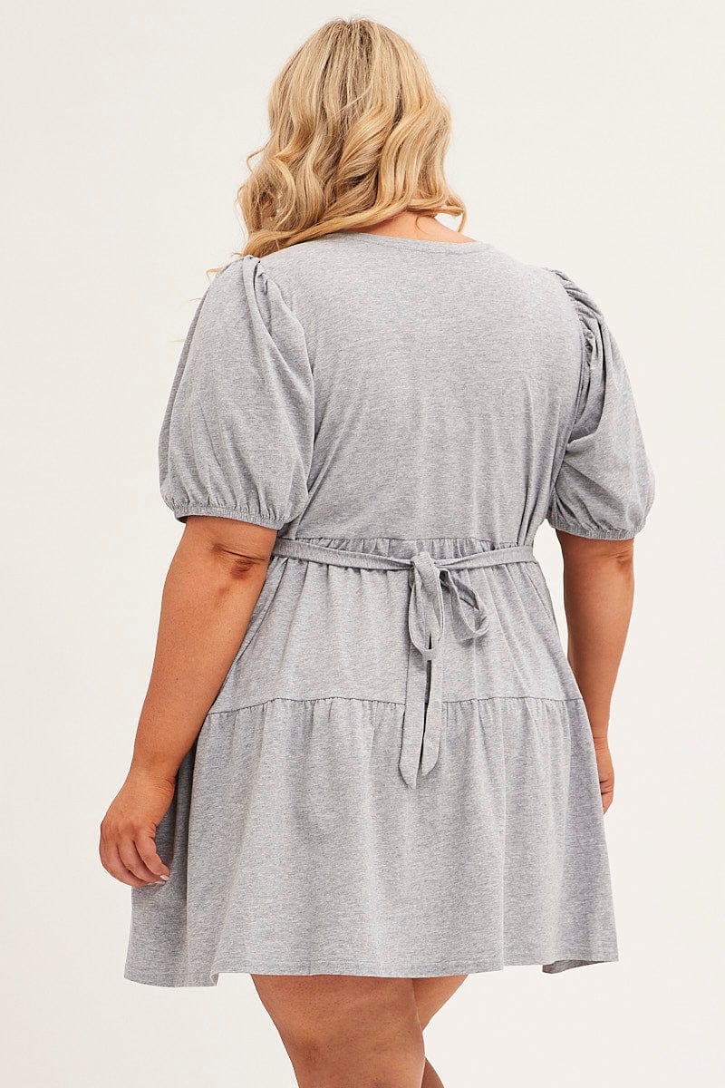 GREY Tiered Dress Puff Sleeve Round Neck