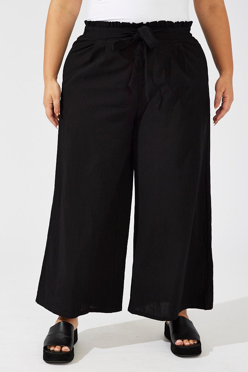 Black Wide Leg Pants High Rise Waist Tie Crop for YouandAll Fashion
