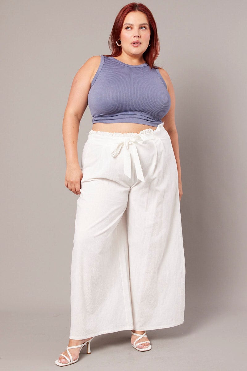 White Wide Leg Pants High Rise Waist Tie Crop for YouandAll Fashion