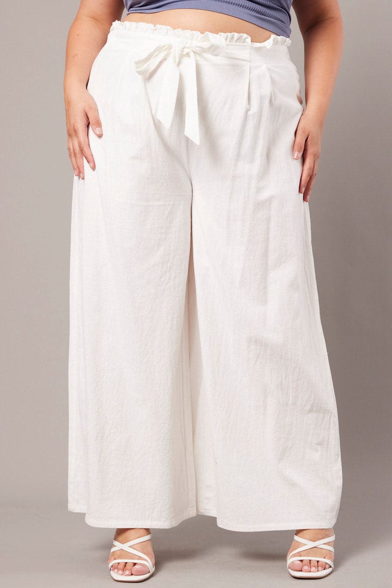 White Wide Leg Pants High Rise Waist Tie Crop You All