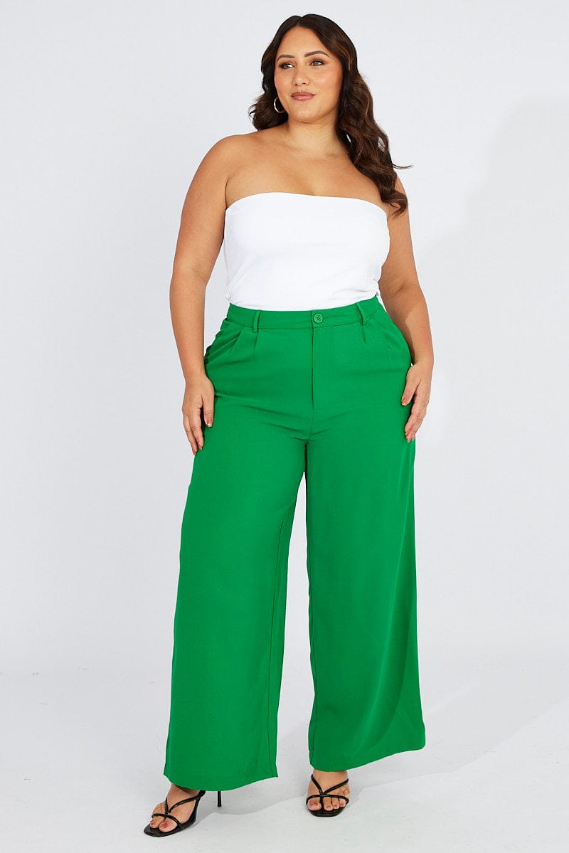 Green Wide Leg Pants High Waist Button Front