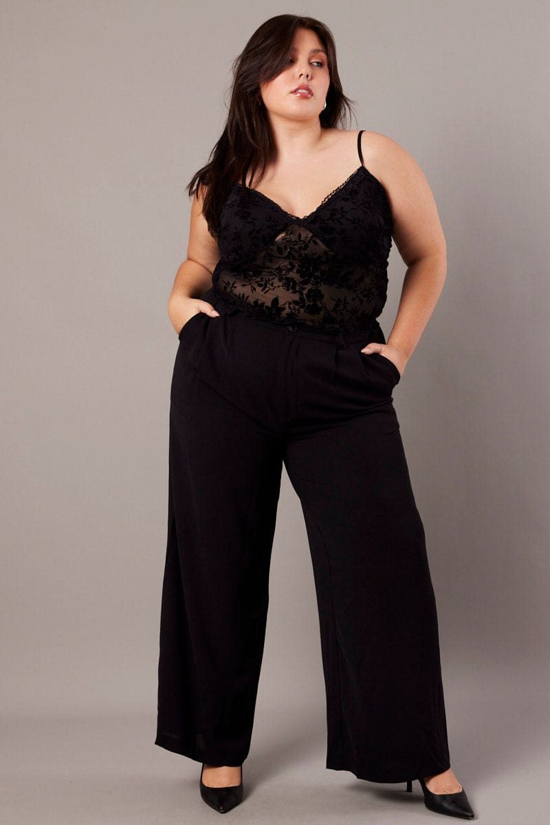 Black Wide Leg Pants High Waist Button Front for YouandAll Fashion