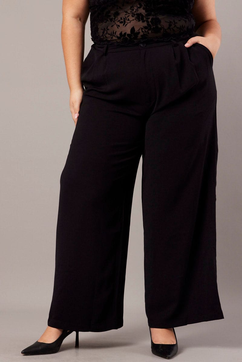 Black Wide Leg Pants High Waist Button Front for YouandAll Fashion