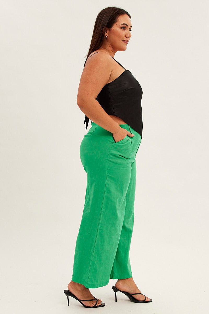 Green Wide Leg Pant High Waist Cotton for YouandAll Fashion