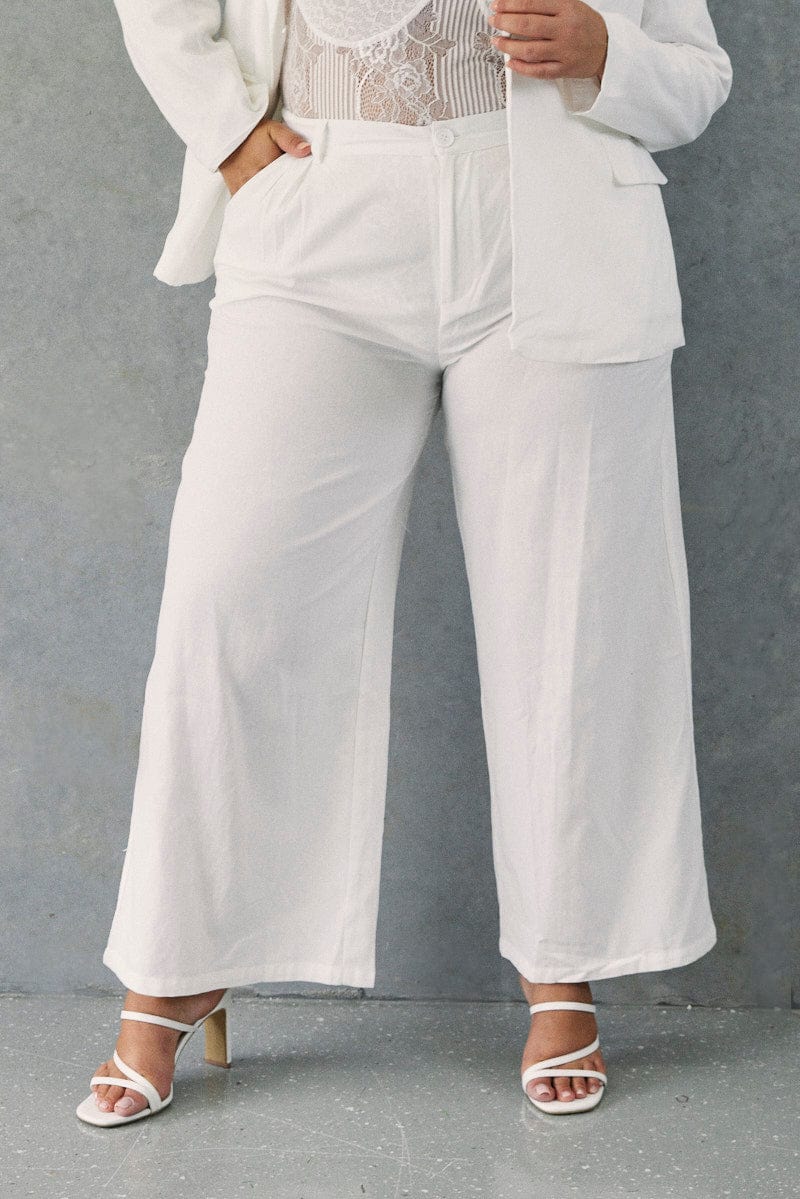 White Wideleg Pants Pleat Front for YouandAll Fashion