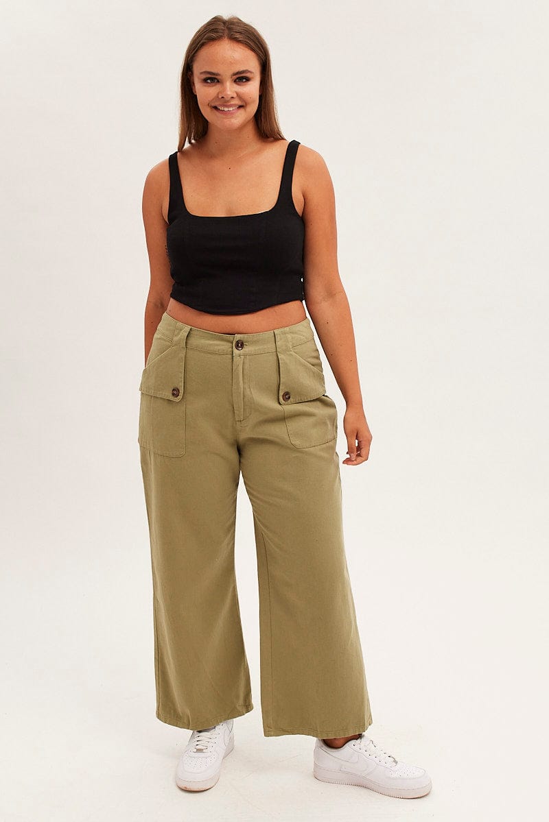 GREEN Wide Leg Pant Cargo Pocket Cotton for YouandAll Fashion