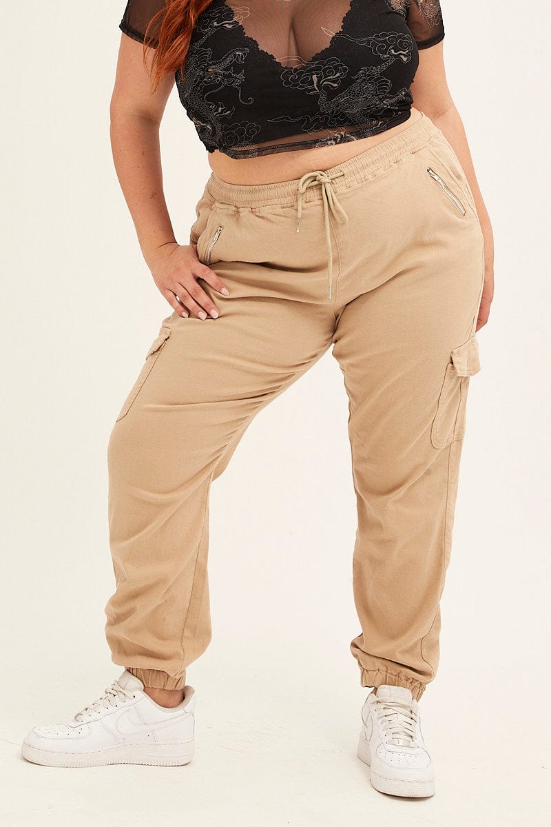 Beige Cargo Pants Mid Rise Out Pocket