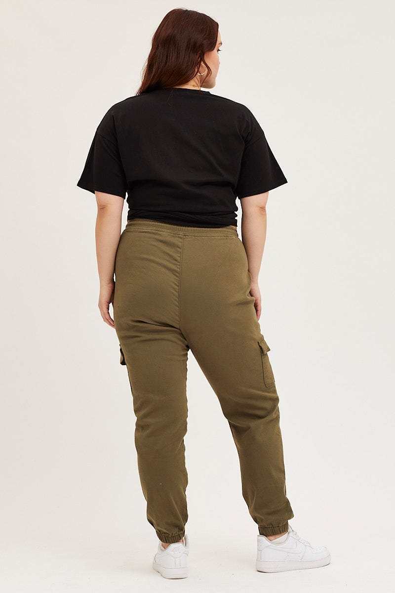 Pockets For Women - Yours Curve Khaki Green Crinkle Cargo Joggers