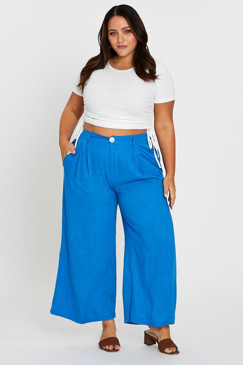 Mid Blue High Waist Linen Wide Leg Pant For Women By You And All