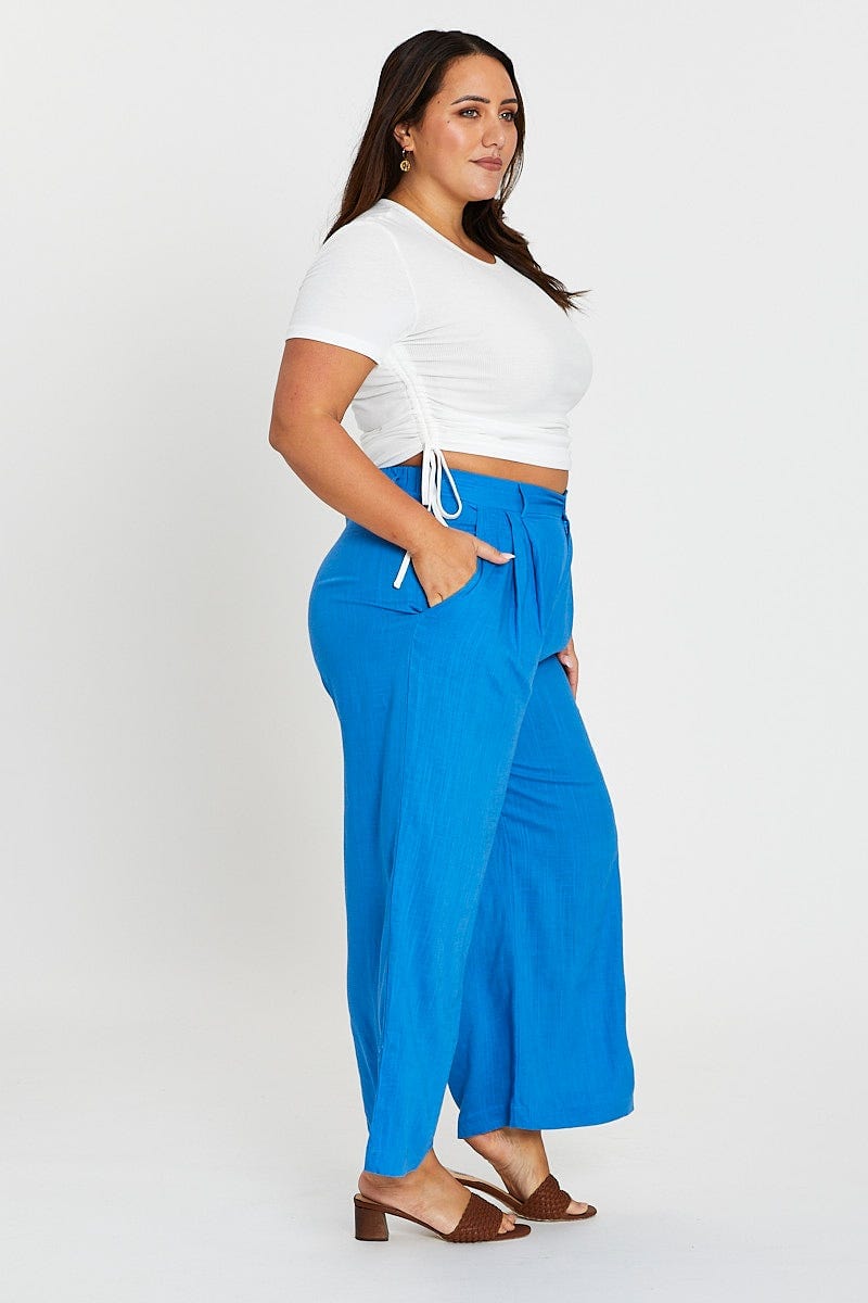 Mid Blue High Waist Linen Wide Leg Pant For Women By You And All