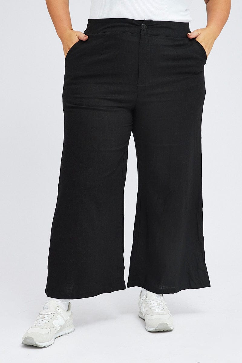 Black Wide Leg Pants Linen Blend Button Front for YouandAll Fashion