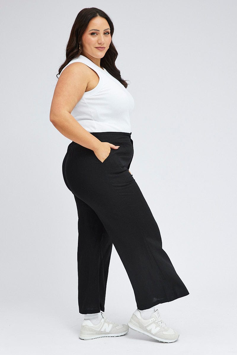 Black Wide Leg Pants Linen Blend Button Front for YouandAll Fashion