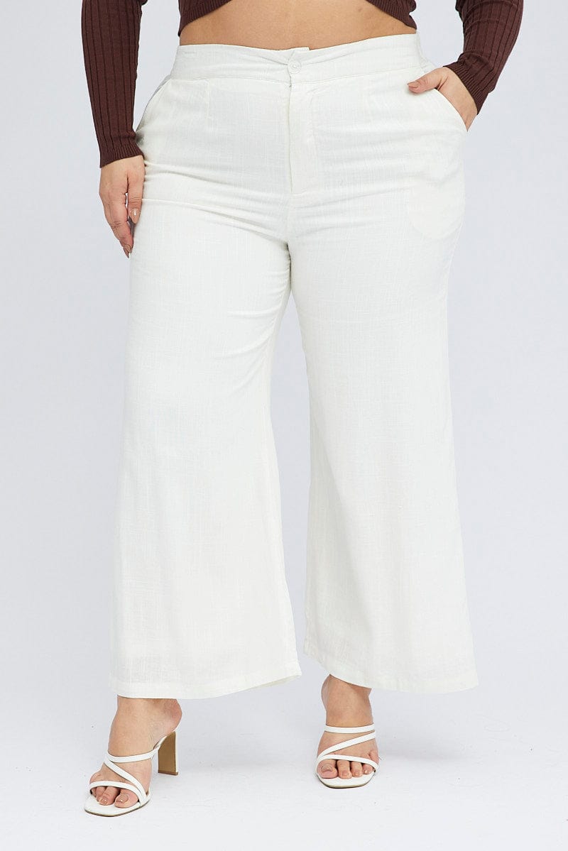White Wide Leg Pants Linen Blend Button Front for YouandAll Fashion