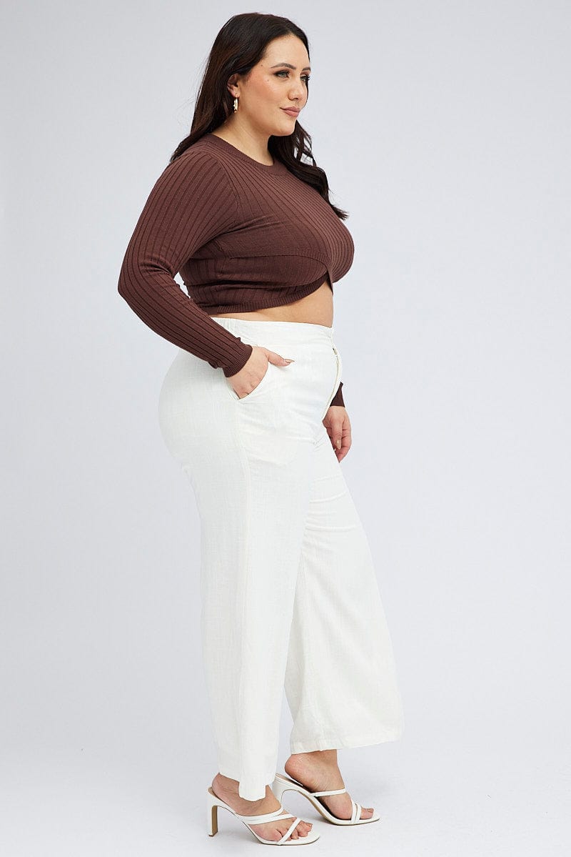 White Wide Leg Pants Linen Blend Button Front for YouandAll Fashion